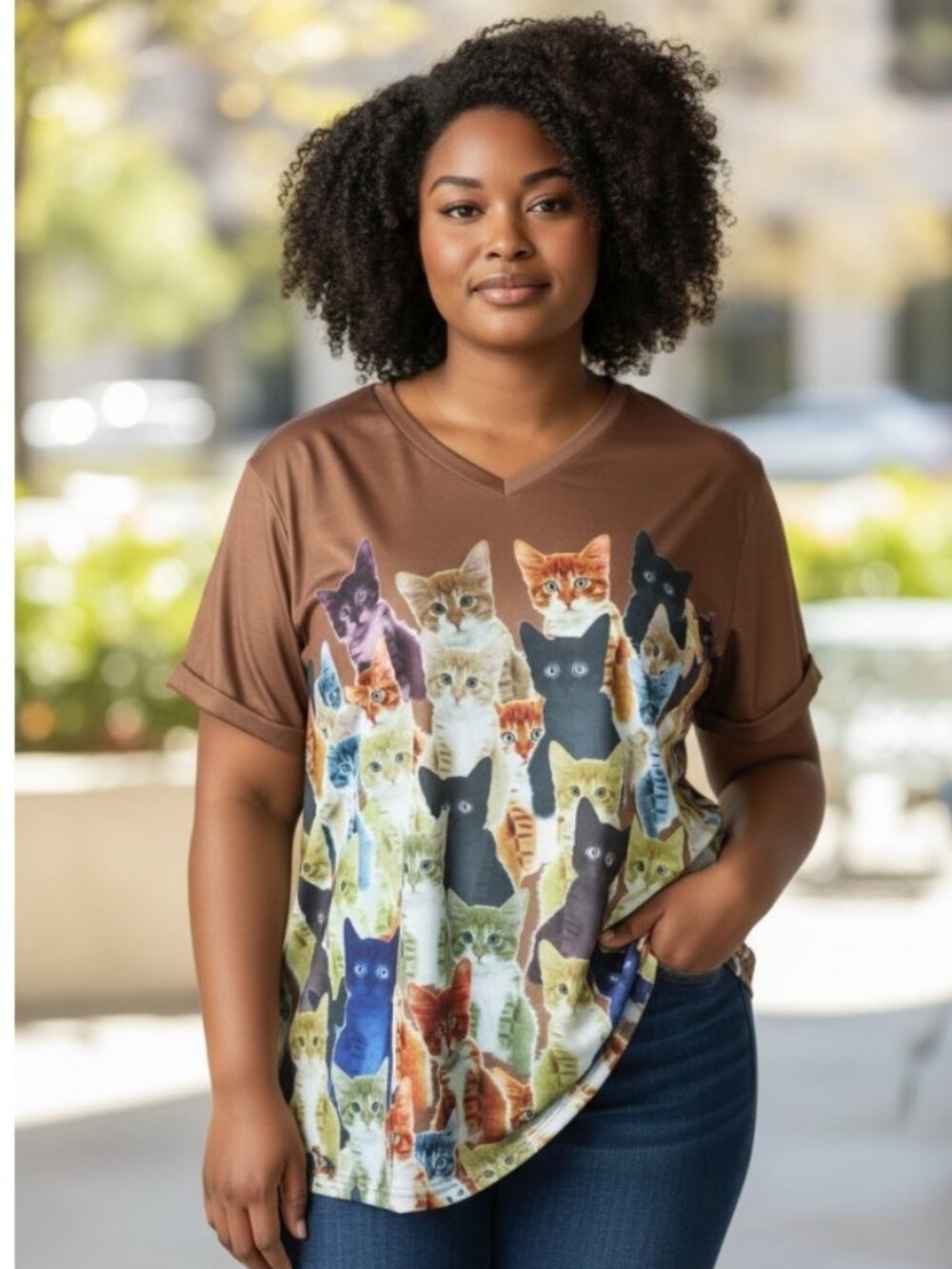 Pixie Lady Brown Multicolor Photo-Real Kitten Print Short Sleeve Tee Size XL NWT